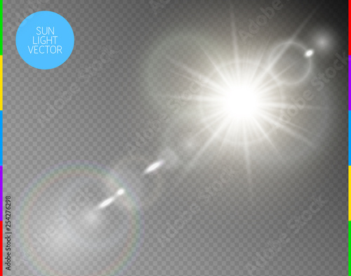 Vector transparent sunlight special lens flare light effect. Isolated sun flash rays and spotlight. White front translucent sunlight background. Blur abstract glow glare decor element. Star burst.