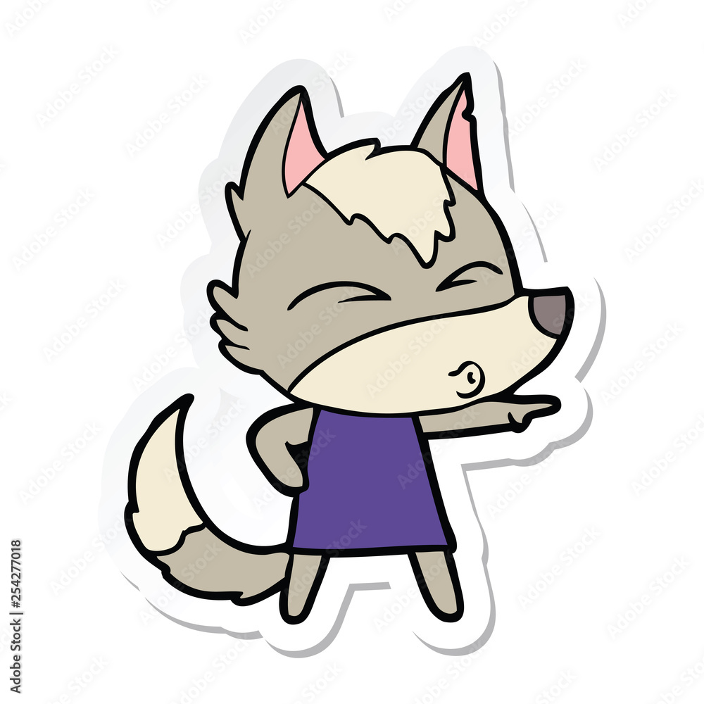 sticker of a cartoon wolf girl whistling and pointing sticker of a cartoon wolf girl whistling and pointing