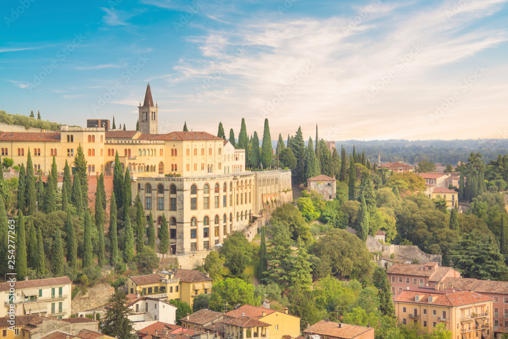 Beautiful view of the hill of San Pietro and the panorama of the city of Verona, Italy