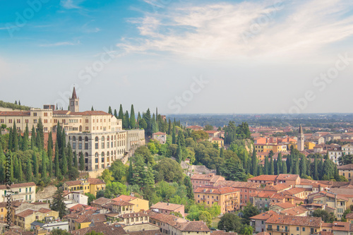 Beautiful view of the hill of San Pietro and the panorama of the city of Verona, Italy