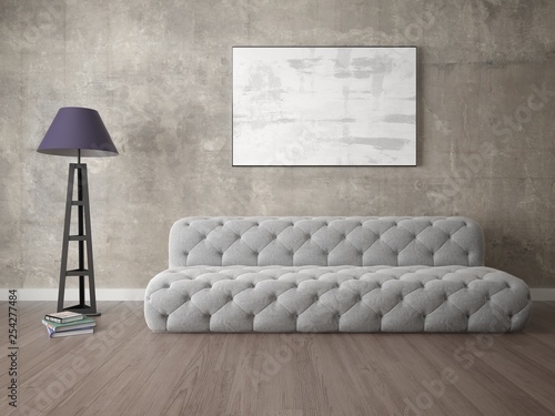 Mock up exclusive living room with comfortable fashionable sofa and stylish hipster backdrop.