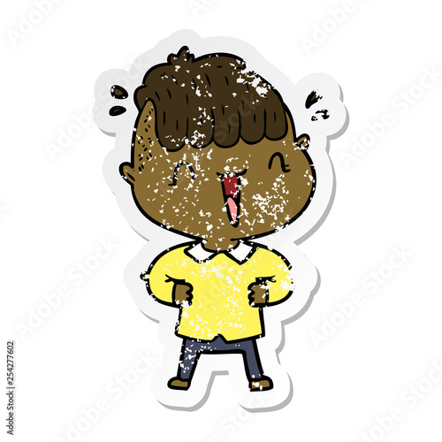 distressed sticker of a cartoon happy boy surprised