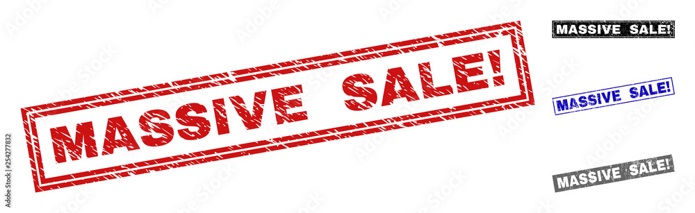 Grunge MASSIVE SALE! rectangle stamp seals isolated on a white background. Rectangular seals with grunge texture in red, blue, black and gray colors. Grunge MASSIVE SALE! rectangle stamp seals isolated on a white background. Rectangular seals with grunge texture in red, blue, black and gray colors.