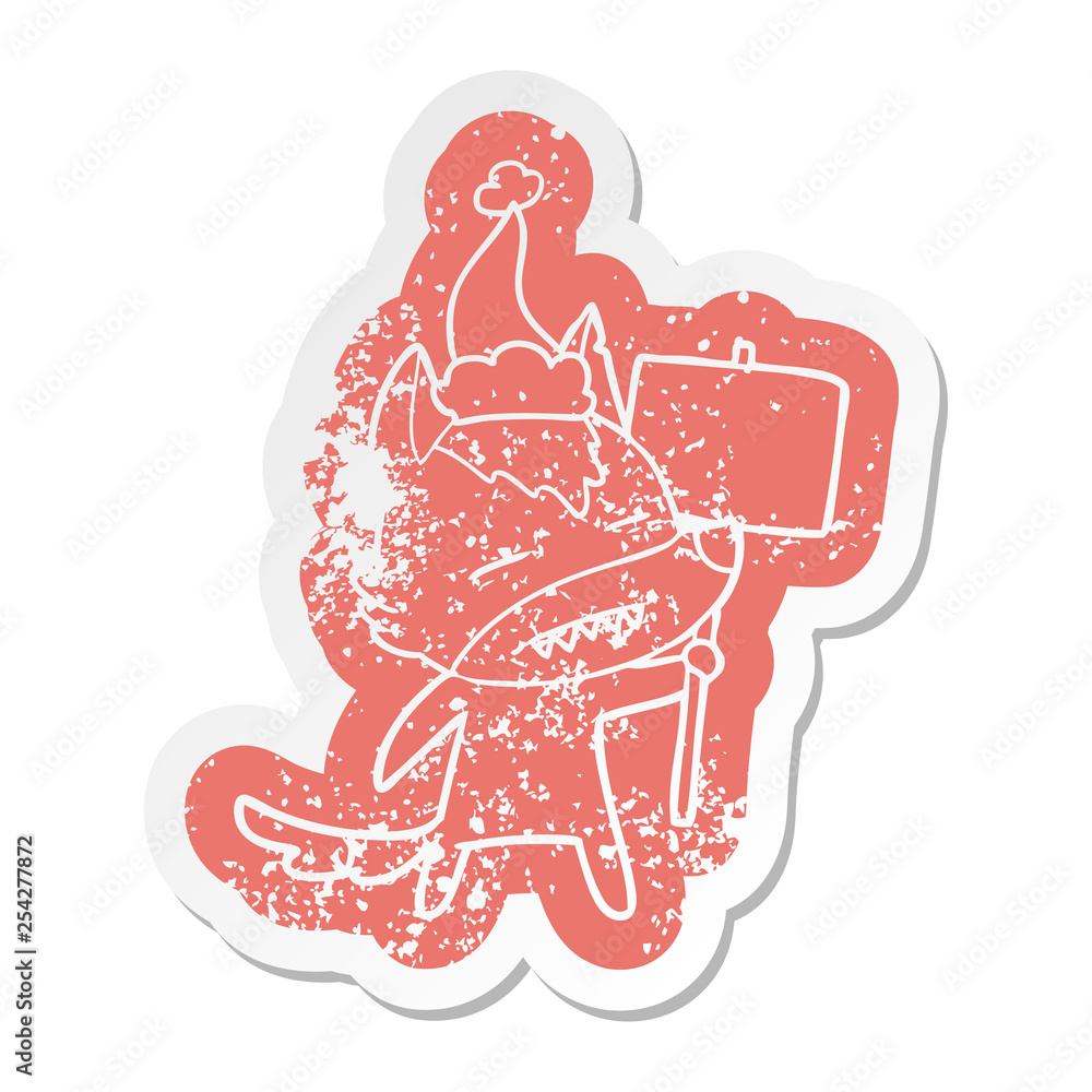 cartoon distressed sticker of a wolf with sign post showing teeth wearing santa hat cartoon distressed sticker of a wolf with sign post showing teeth wearing santa hat