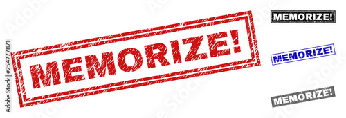 Grunge MEMORIZE! rectangle stamp seals isolated on a white background. Rectangular seals with grunge texture in red, blue, black and grey colors.