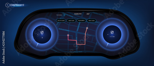 Automotive dashboard in Hud style Driver dashboard touch user interface. Speedometer and gps navigation system in futuristic style HUD.  Touch panel