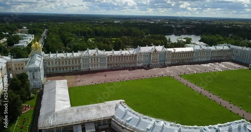 View with top from the drone on Katherine's Palace hall in Tsarskoe Selo Pushkin, Russia photo