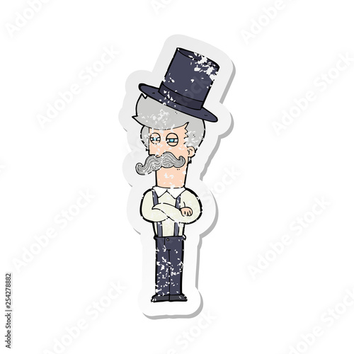 retro distressed sticker of a cartoon man wearing top hat