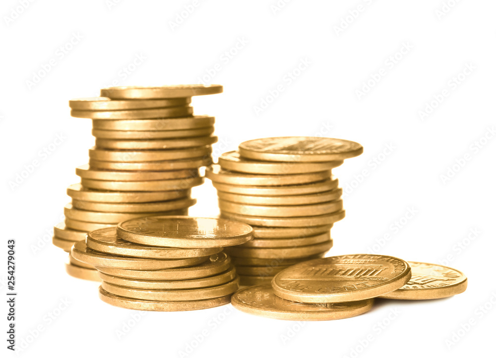 Stacks of shiny coins on white background Stacks of shiny coins on white background