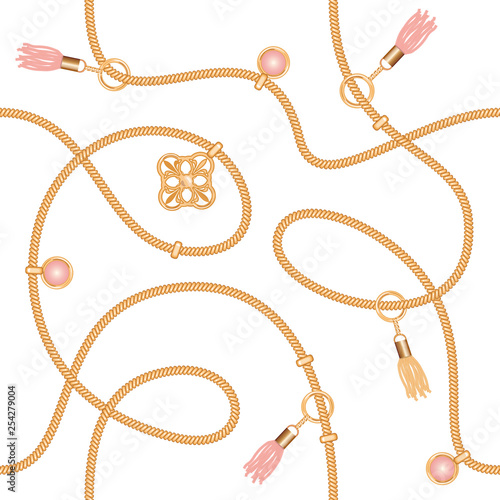 Seamless pattern with chains, pendant and tassels. Colorful trendy jewelry print for fabric, scarf, cravat design. Girly. Vector