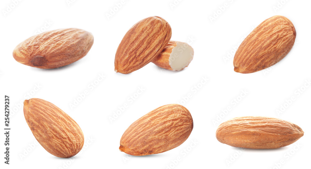 Set of different delicious organic almond nuts on white background Set of different delicious organic almond nuts on white background
