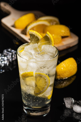 Gin tonic with lemon slices and ice cube, with lemon and ice for decorate on back, on the black background