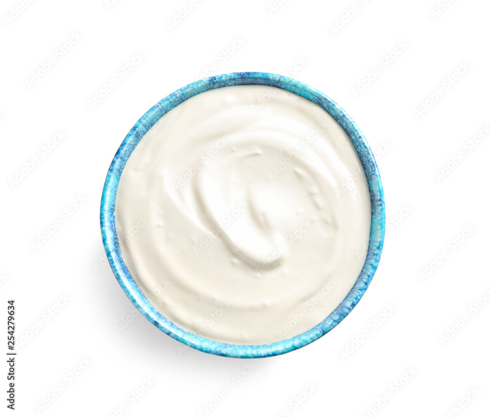 Bowl with creamy yogurt on white background, top view Bowl with creamy yogurt on white background, top view