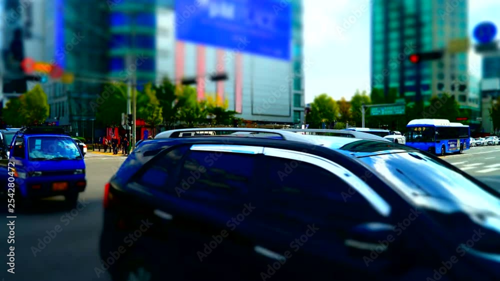 Panning timelapse video of the traffic in Seoul, the capital of South Korea during daytime in miniature effect Panning timelapse video of the traffic in Seoul, the capital of South Korea during daytime in miniature effect