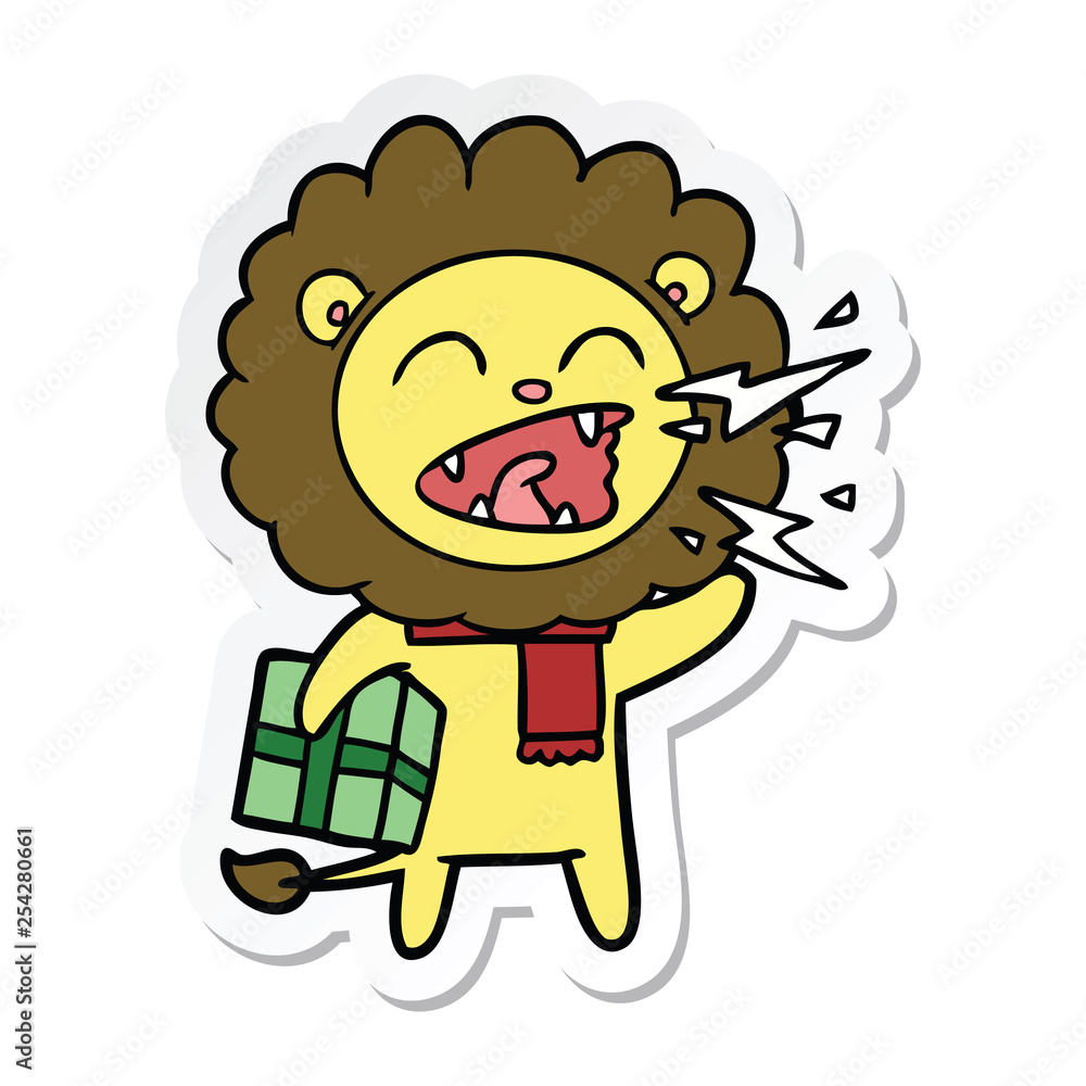 sticker of a cartoon roaring lion with present sticker of a cartoon roaring lion with present