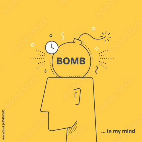 flat linear vector image on yellow background, human head and bomb, stress and nerves