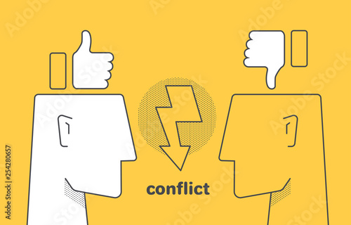flat linear vector image on yellow background, human head and like, conflict between internet users