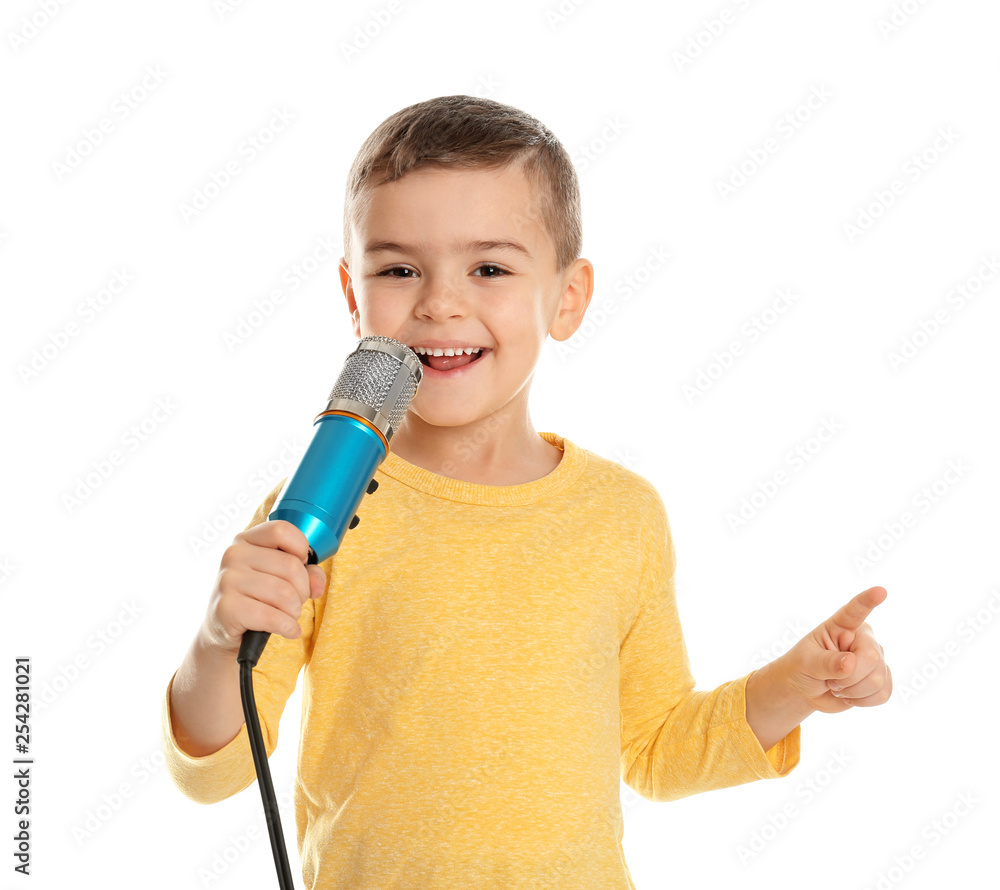 Cute funny boy with microphone on white background Cute funny boy with microphone on white background