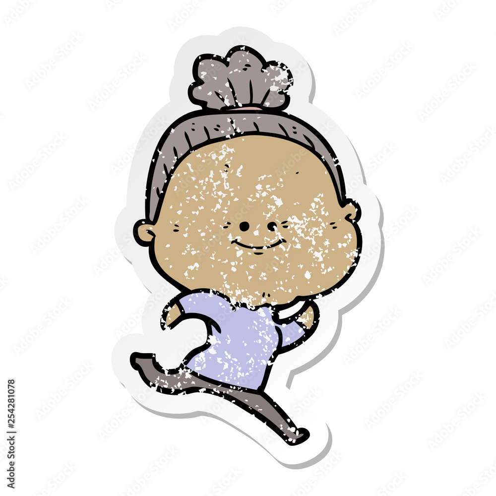 distressed sticker of a cartoon happy old woman distressed sticker of a cartoon happy old woman