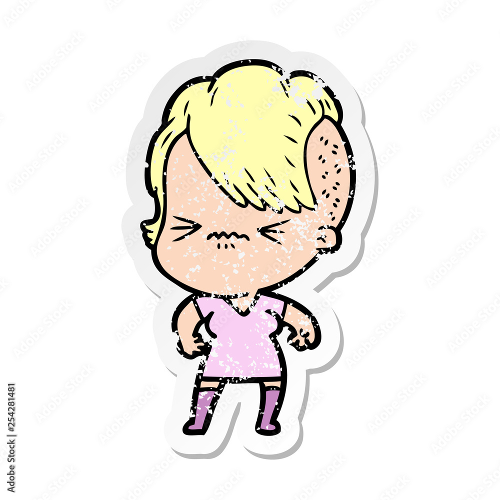 distressed sticker of a cartoon annoyed hipster girl distressed sticker of a cartoon annoyed hipster girl