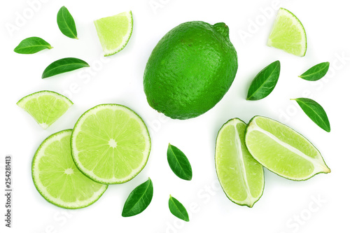 sliced lime isolated on white background. Top view. Flat lay pattern
