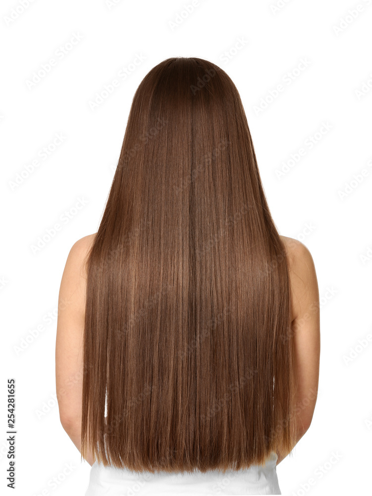Woman with long brown hair on white background Woman with long brown hair on white background