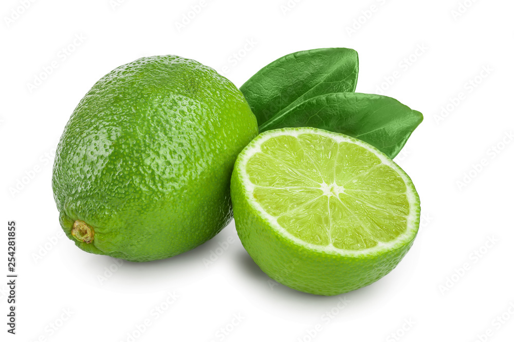 lime with half and leaf isolated on white background lime with half and leaf isolated on white background