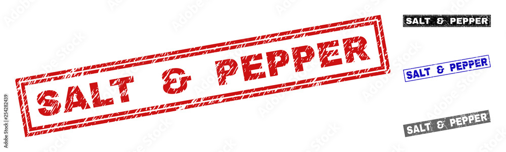 Grunge SALT & PEPPER rectangle stamp seals isolated on a white background. Rectangular seals with grunge texture in red, blue, black and grey colors. Grunge SALT & PEPPER rectangle stamp seals isolated on a white background. Rectangular seals with grunge texture in red, blue, black and grey colors.