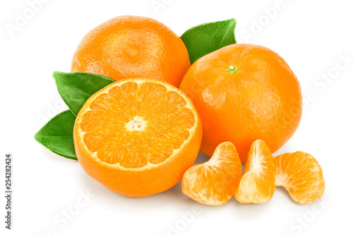 tangerine or mandarin fruit with leaves isolated on white background