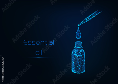 Glowing low polygonal drop of essential oil falls from a pipette into a cosmetic bottle.