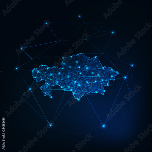 Kazakhstan map glowing silhouette outline made of stars lines dots triangles, low polygonal shapes.