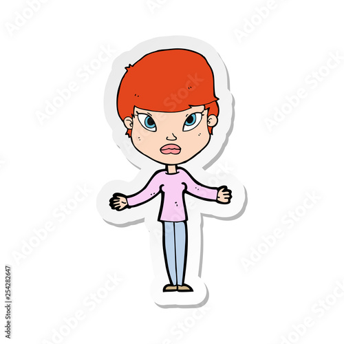 sticker of a cartoon woman shrugging shoulders