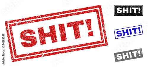 Grunge SHIT! rectangle stamp seals isolated on a white background. Rectangular seals with distress texture in red, blue, black and gray colors.