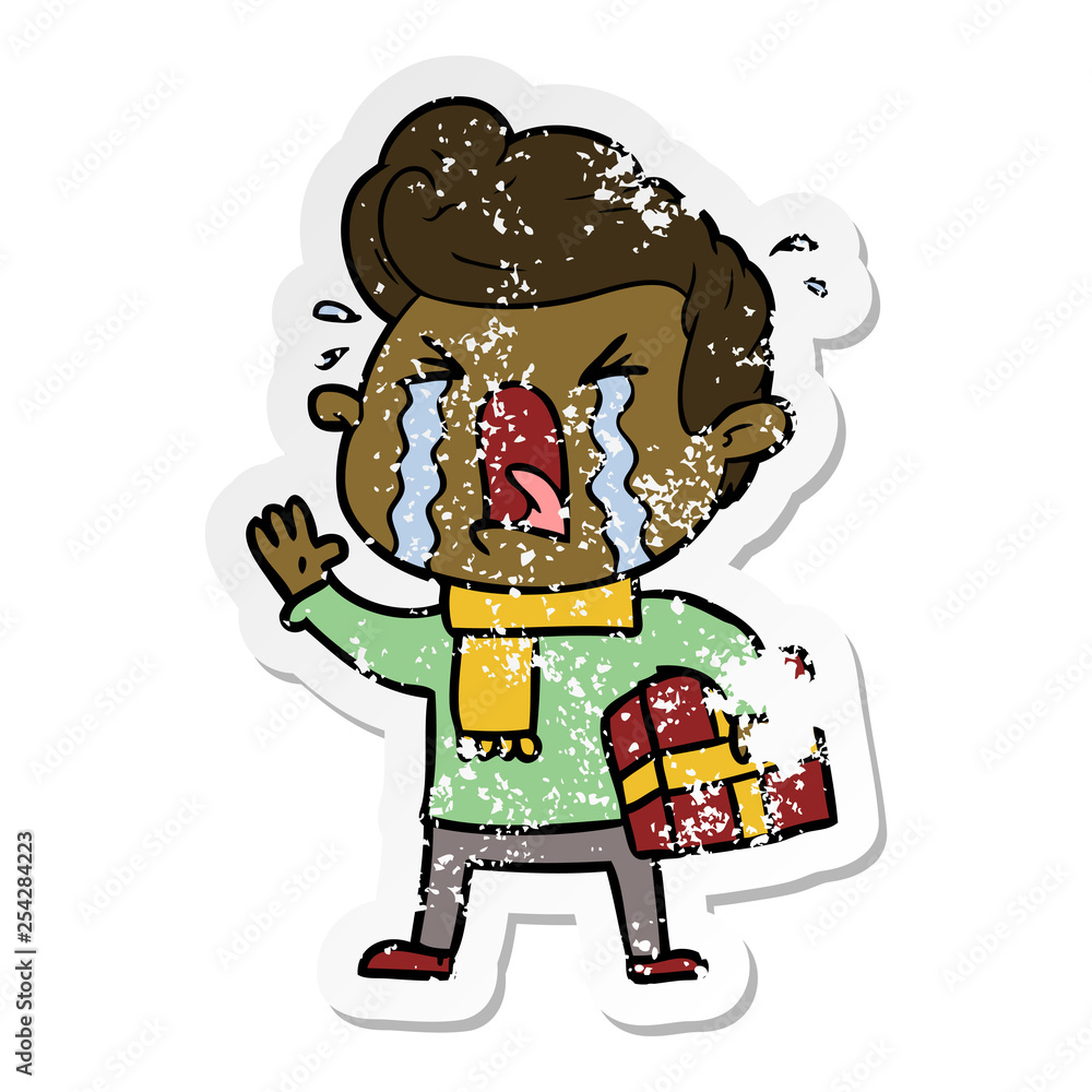 distressed sticker of a cartoon crying man distressed sticker of a cartoon crying man