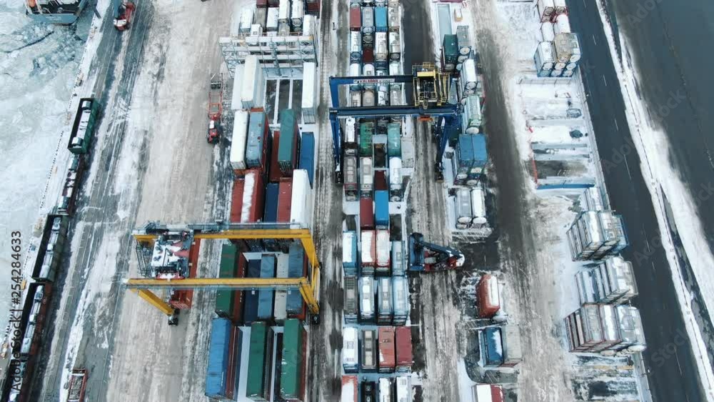 Aerial view port container terminal container ship in import export and business logistic Aerial view port container terminal container ship in import export and business logistic