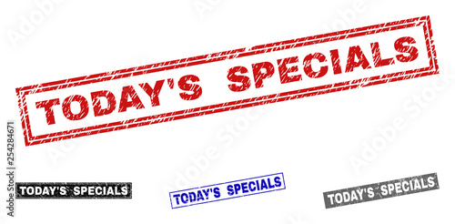 Grunge TODAY'S SPECIALS rectangle stamp seals isolated on a white background. Rectangular seals with grunge texture in red, blue, black and gray colors.