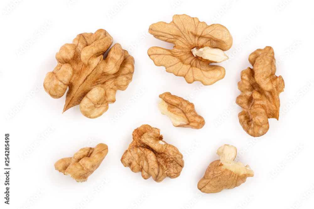 peelled Walnuts isolated on white background. Top view. Flat lay - obrazy, fototapety, plakaty 