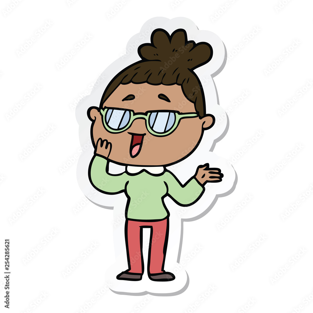 sticker of a cartoon happy woman wearing spectacles