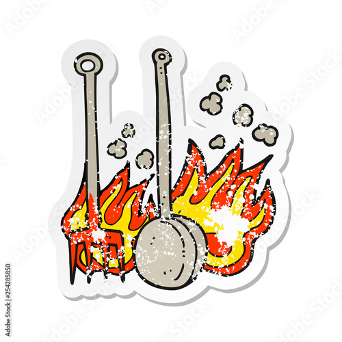 retro distressed sticker of a cartoon hot fireside tools