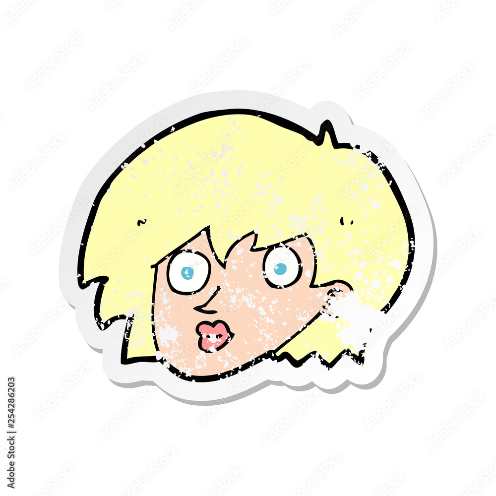retro distressed sticker of a cartoon surprised female face