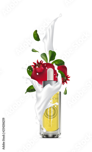 Realistic 3d essential oil cosmetics bottle. Mock up bottle, vial, container, flask, falcon with red pomegranate.