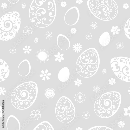 Seamless pattern of Easter eggs and flowers  white on gray