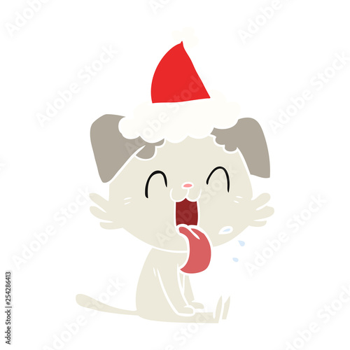 flat color illustration of a panting dog wearing santa hat