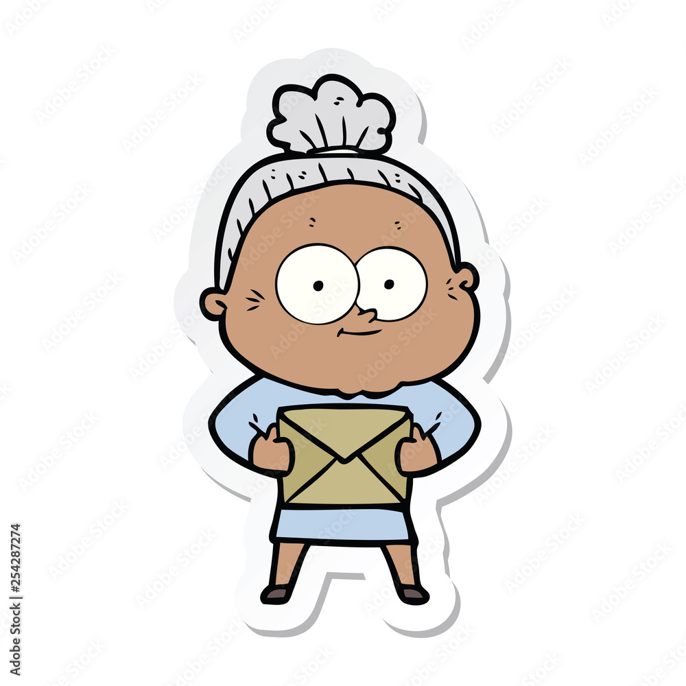 sticker of a cartoon happy old woman sticker of a cartoon happy old woman