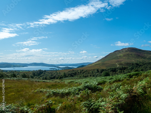 blue lake  loch lochmond  on a sunny day with flowers and meadow