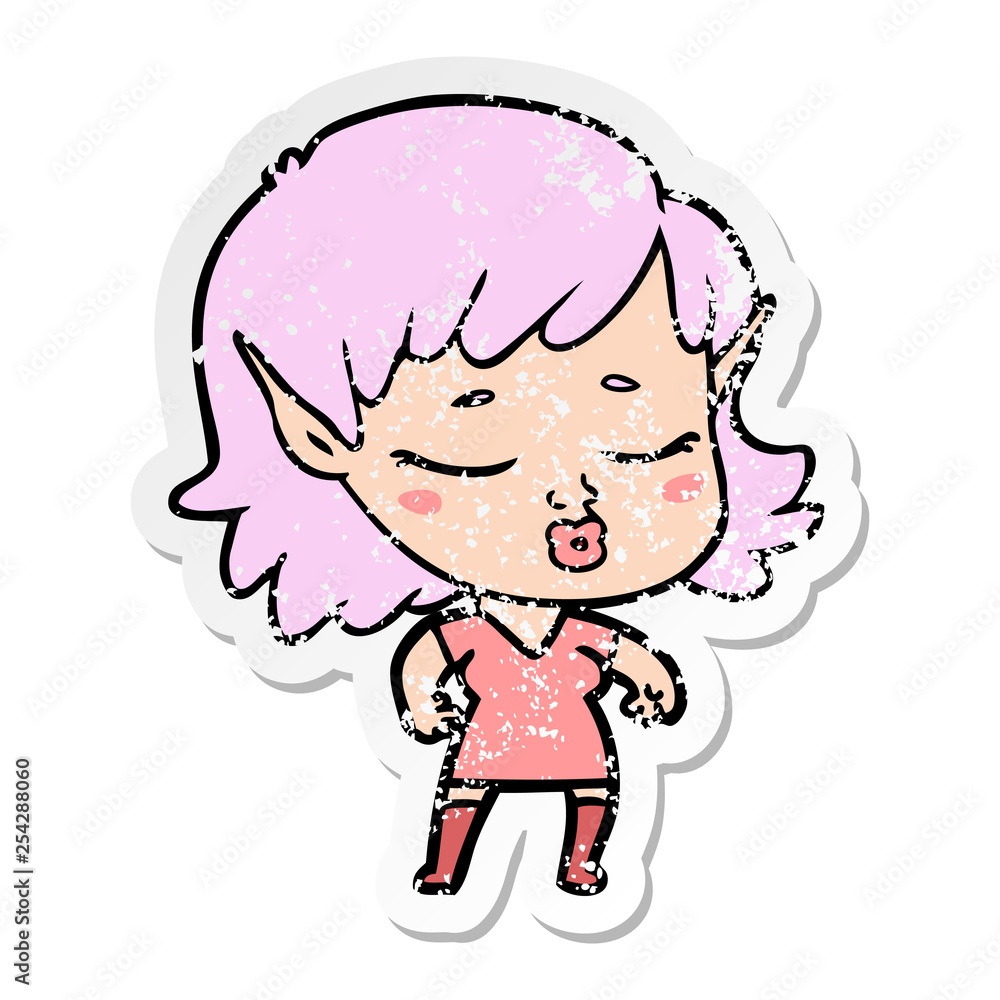 distressed sticker of a pretty cartoon elf girl distressed sticker of a pretty cartoon elf girl