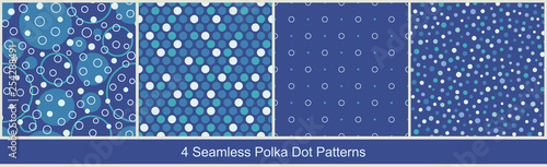 Seamless vector abstract patterns with geometric elements in monochrome colors on blue background. Set of polka dot prints