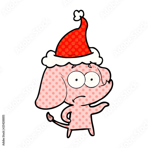 comic book style illustration of a unsure elephant wearing santa hat