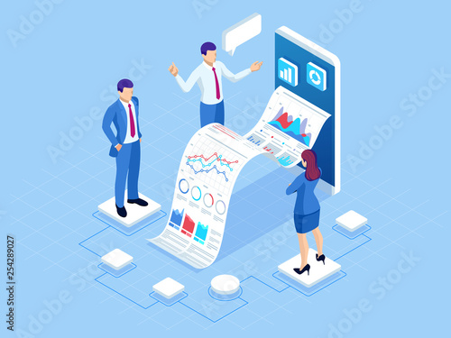Isometric concept of business analysis, analytics, research, strategy statistic, planning, marketing, study of performance indicators. Investment in securities, smart investment, strategic management