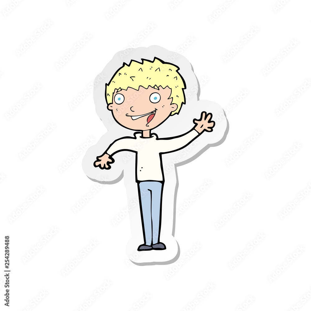 sticker of a cartoon happy boy waving sticker of a cartoon happy boy waving